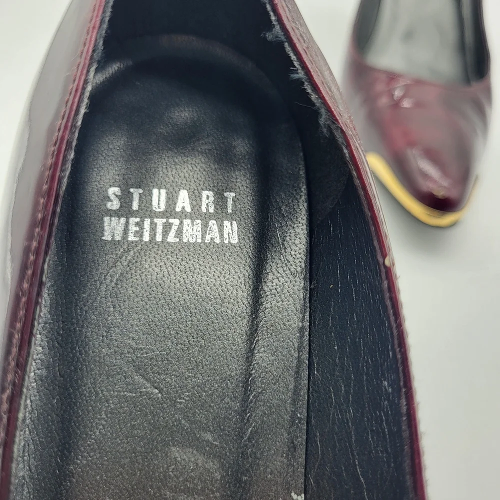 Stuart Weitzman burgundy marbled patent leather pointed toe with gold trim Sz 8 - Picture 11 of 14